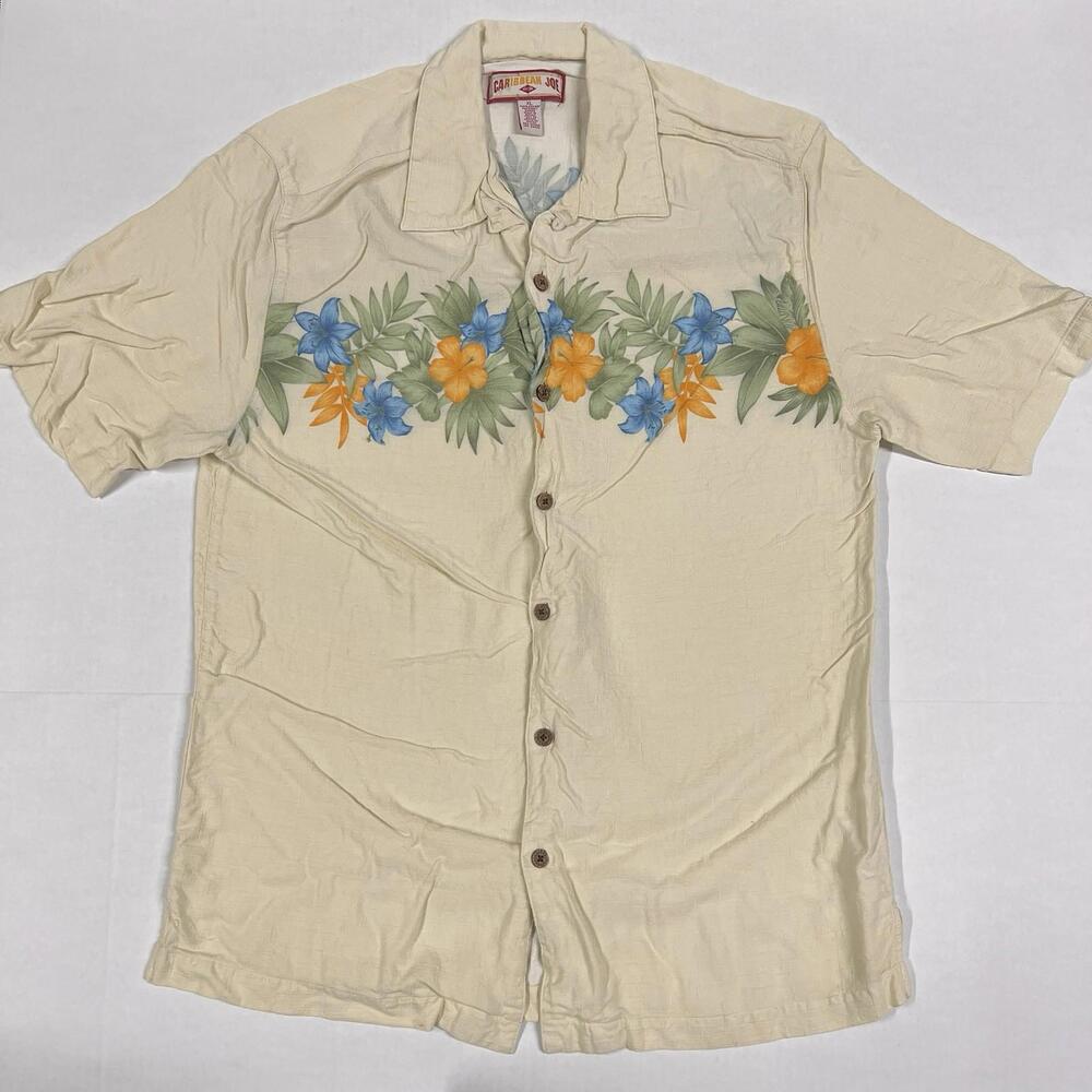 Caribbean Joe Hawaiian Shirt Sz XL Floral Chest Wrap Around Textured Rayon Macau - Picture 1 of 6